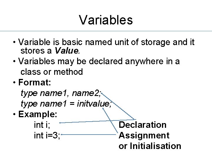 Variables • Variable is basic named unit of storage and it stores a Value.