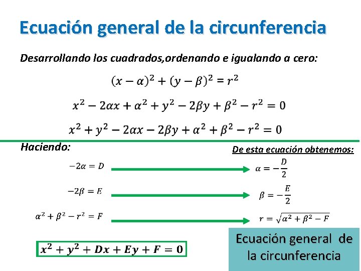 Ecuación general de la circunferencia Desarrollando los cuadrados, ordenando e igualando a cero: Haciendo: