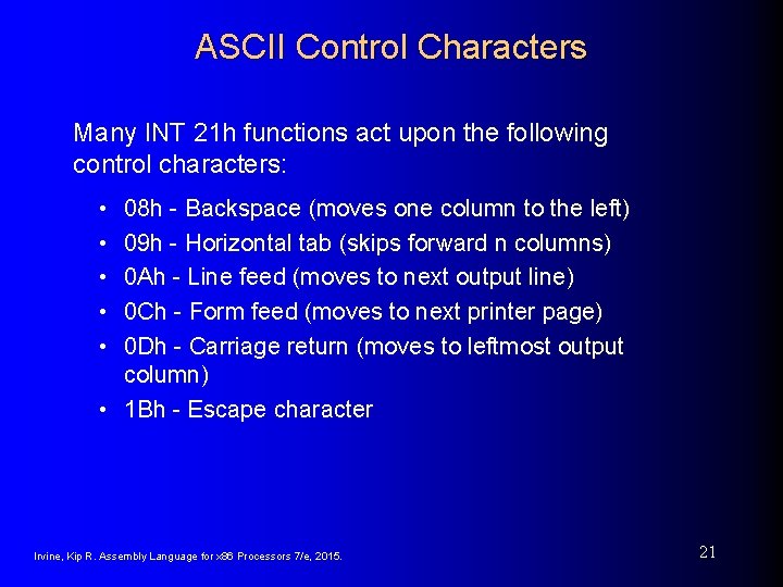 ASCII Control Characters Many INT 21 h functions act upon the following control characters: ASCII Control Characters Many INT 21 h functions act upon the following control characters: