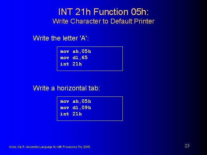 INT 21 h Function 05 h: Write Character to Default Printer Write the letter INT 21 h Function 05 h: Write Character to Default Printer Write the letter