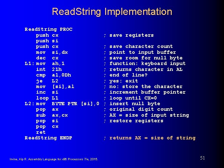 Read. String Implementation Read. String PROC push cx ; save registers push si push Read. String Implementation Read. String PROC push cx ; save registers push si push