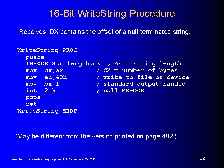 16 -Bit Write. String Procedure Receives: DX contains the offset of a null-terminated string. 16 -Bit Write. String Procedure Receives: DX contains the offset of a null-terminated string.
