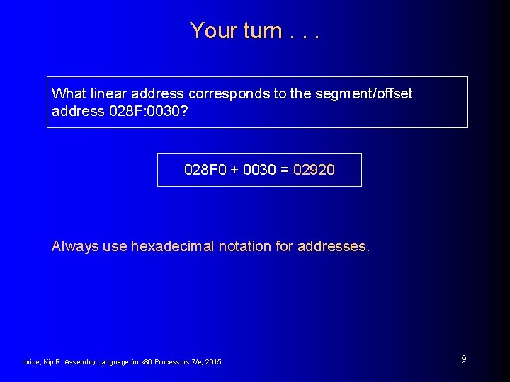 Your turn. . . What linear address corresponds to the segment/offset address 028 F: Your turn. . . What linear address corresponds to the segment/offset address 028 F: