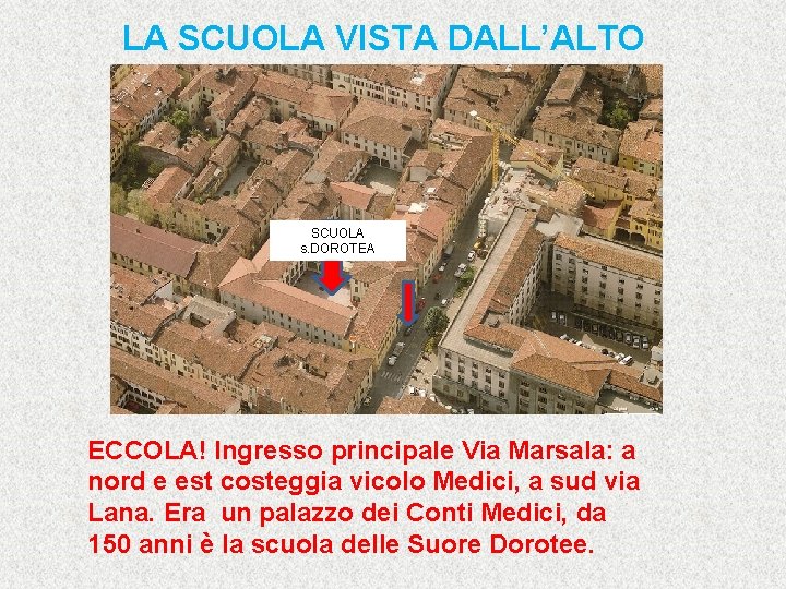 LA SCUOLA VISTA DALL’ALTO SCUOLA s. DOROTEA ECCOLA! Ingresso principale Via Marsala: a nord