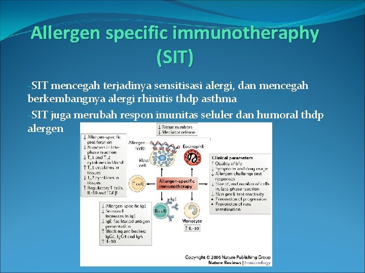 Allergen specific immunotheraphy (SIT) -SIT mencegah terjadinya sensitisasi alergi, dan mencegah berkembangnya alergi rhinitis
