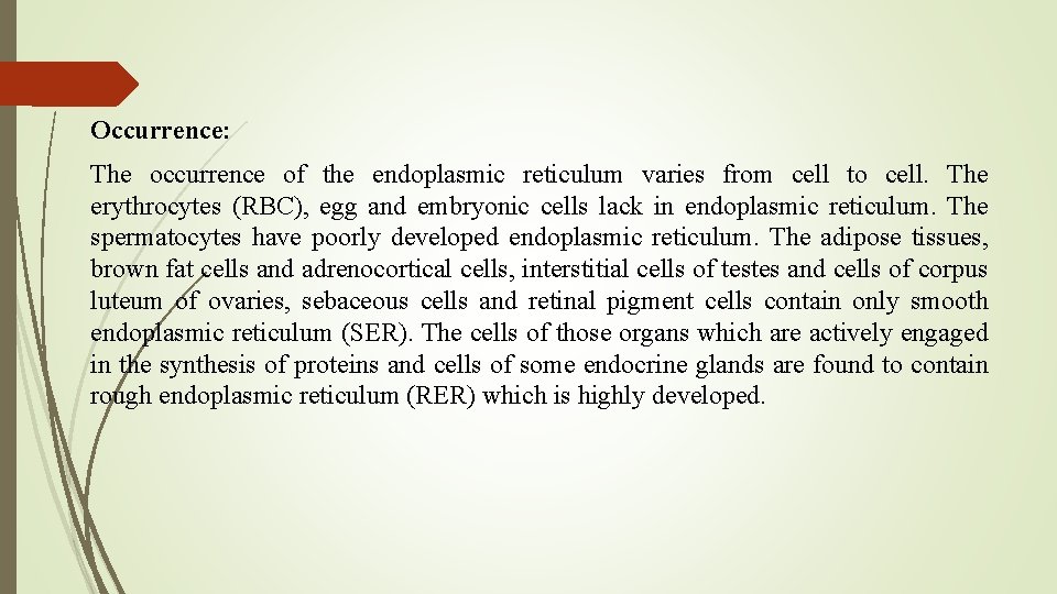 Occurrence: The occurrence of the endoplasmic reticulum varies from cell to cell. The erythrocytes
