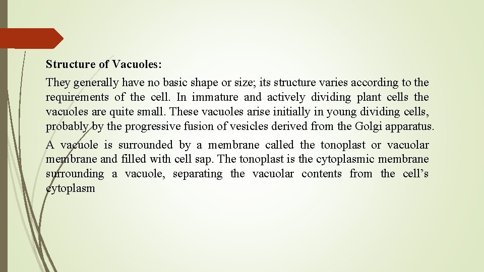 Structure of Vacuoles: They generally have no basic shape or size; its structure varies