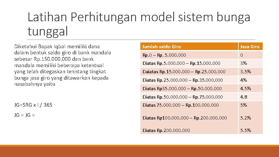 Latihan Perhitungan model sistem bunga tunggal Diketahui Bapak Iqbal memiliki dana dalam bentuk saldo