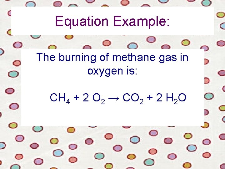 Equation Example: The burning of methane gas in oxygen is: CH 4 + 2