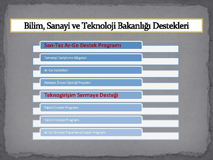 Bilim, Sanayi ve Teknoloji Bakanlığı Destekleri San-Tez Ar-Ge Destek Programı Teknoloji Geliştirme Bölgeleri Ar-Ge