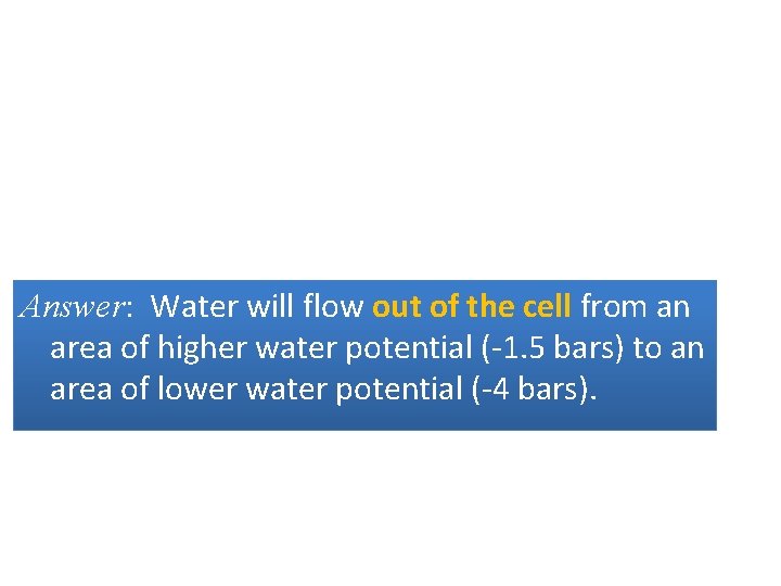 Answer: Water will flow out of the cell from an area of higher water