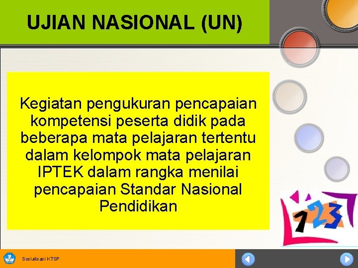 UJIAN NASIONAL (UN) Kegiatan pengukuran pencapaian kompetensi peserta didik pada beberapa mata pelajaran tertentu