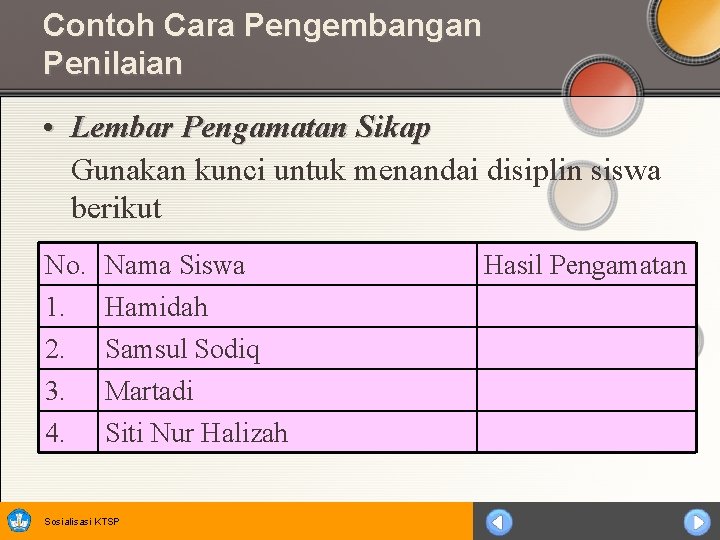 Contoh Cara Pengembangan Penilaian • Lembar Pengamatan Sikap Gunakan kunci untuk menandai disiplin siswa