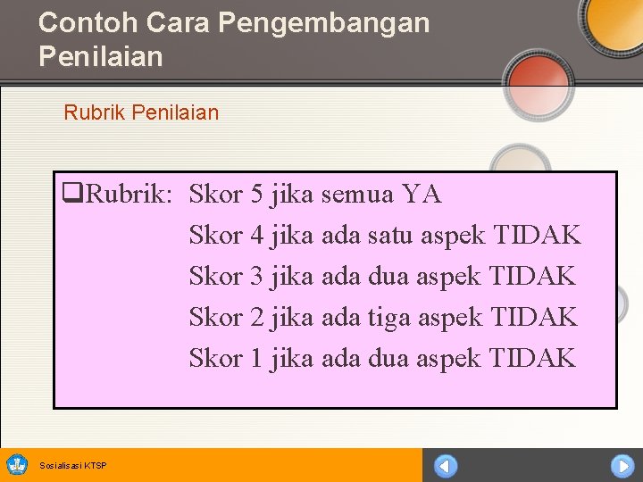 Contoh Cara Pengembangan Penilaian Rubrik Penilaian q. Rubrik: Skor 5 jika semua YA Skor