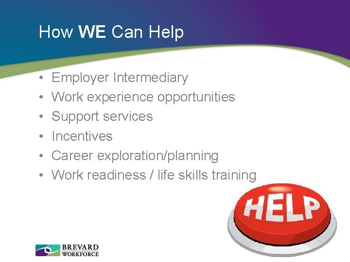 How WE Can Help • • • Employer Intermediary Work experience opportunities Support services