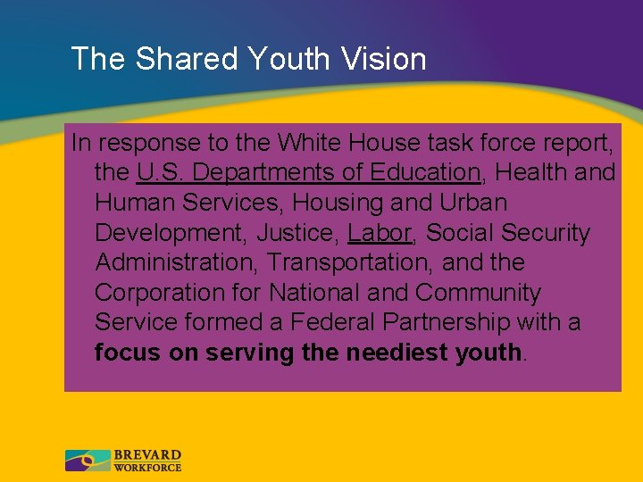 The Shared Youth Vision In response to the White House task force report, the