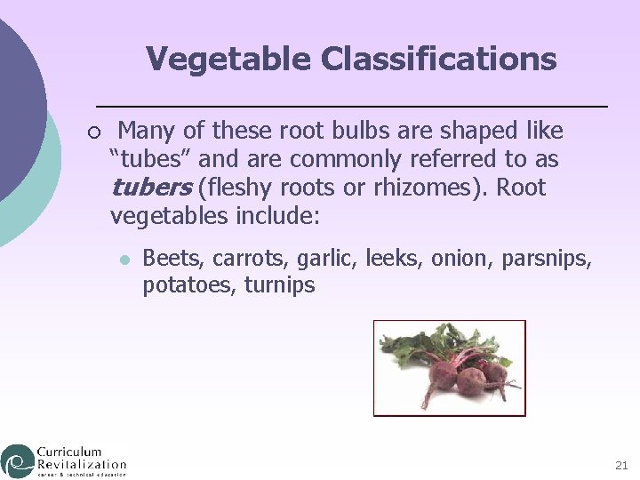 Vegetable Classifications ¡ Many of these root bulbs are shaped like “tubes” and are