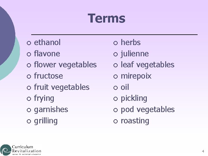 Terms ¡ ¡ ¡ ¡ ethanol flavone flower vegetables fructose fruit vegetables frying garnishes