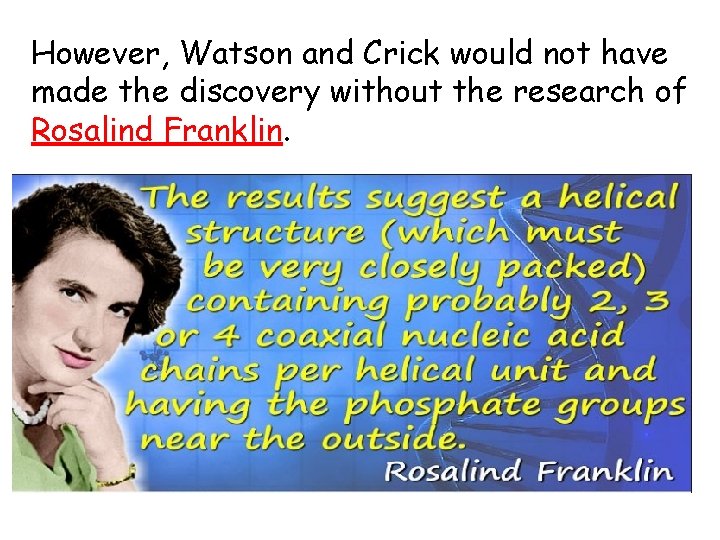 However, Watson and Crick would not have made the discovery without the research of