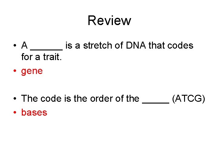 Review • A ______ is a stretch of DNA that codes for a trait.