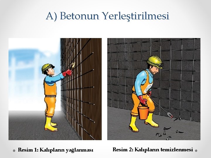 A) Betonun Yerleştirilmesi Resim 1: Kalıpların yağlanması Resim 2: Kalıpların temizlenmesi 