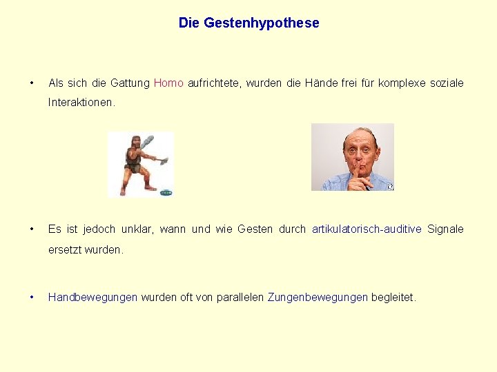 Die Gestenhypothese • Als sich die Gattung Homo aufrichtete, wurden die Hände frei für