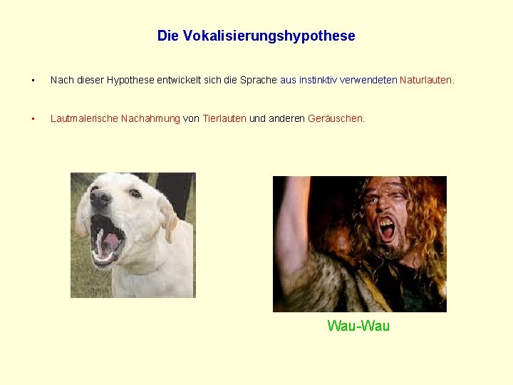 Die Vokalisierungshypothese • Nach dieser Hypothese entwickelt sich die Sprache aus instinktiv verwendeten Naturlauten.