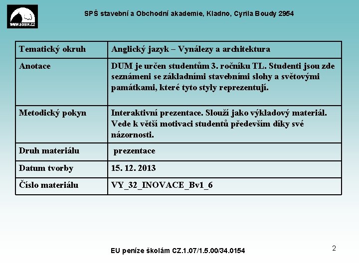 SPŠ stavební a Obchodní akademie, Kladno, Cyrila Boudy 2954 Tematický okruh Anglický jazyk –