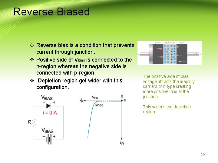 Reverse Biased v Reverse bias is a condition that prevents current through junction. v