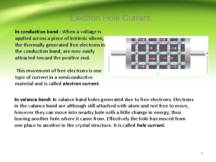 Electron Hole Current. In conduction band : When a voltage is applied across a