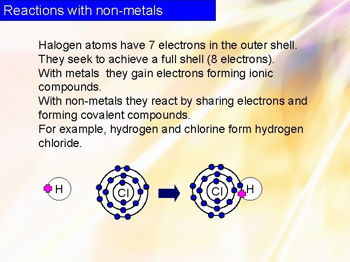 Reactions with non-metals Halogen atoms have 7 electrons in the outer shell. They seek