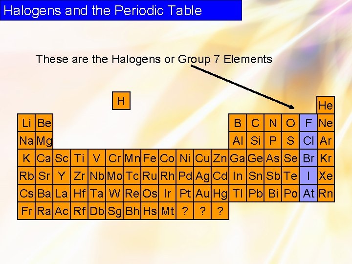Halogens and the Periodic Table These are the Halogens or Group 7 Elements H