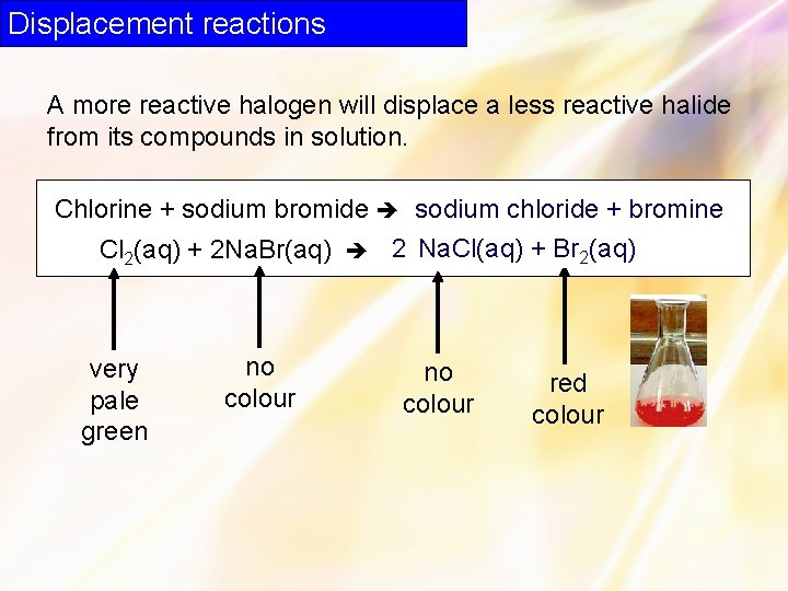 Displacement reactions A more reactive halogen will displace a less reactive halide from its