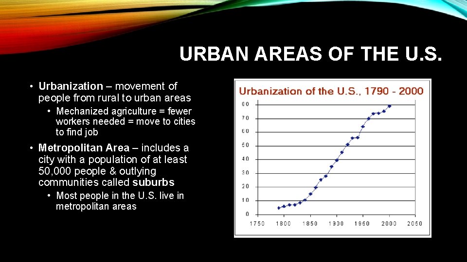 URBAN AREAS OF THE U. S. • Urbanization – movement of people from rural