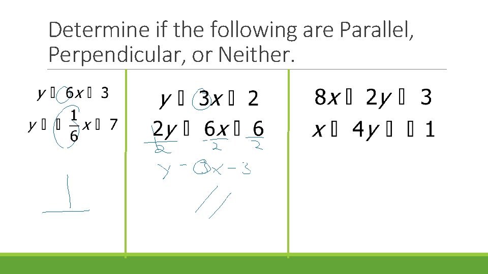 Determine if the following are Parallel, Perpendicular, or Neither. 