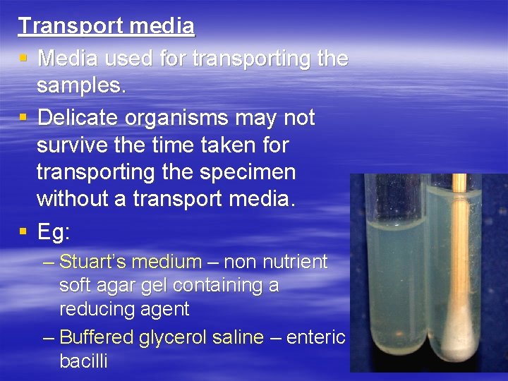 Transport media § Media used for transporting the samples. § Delicate organisms may not