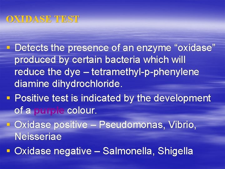 OXIDASE TEST § Detects the presence of an enzyme “oxidase” produced by certain bacteria