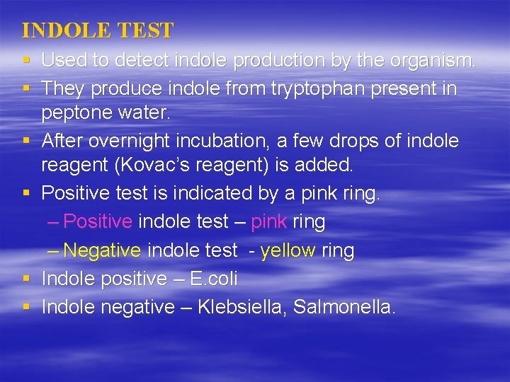 INDOLE TEST § Used to detect indole production by the organism. § They produce