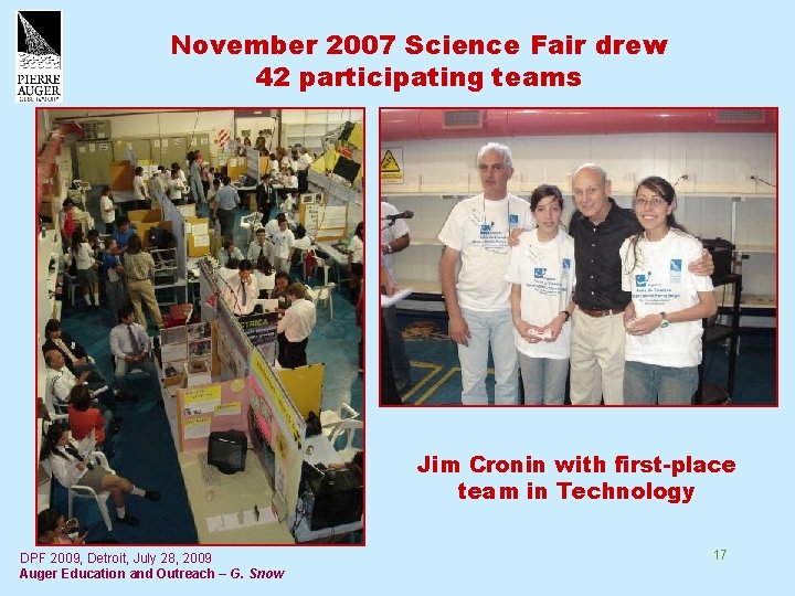 November 2007 Science Fair drew 42 participating teams Jim Cronin with first-place team in