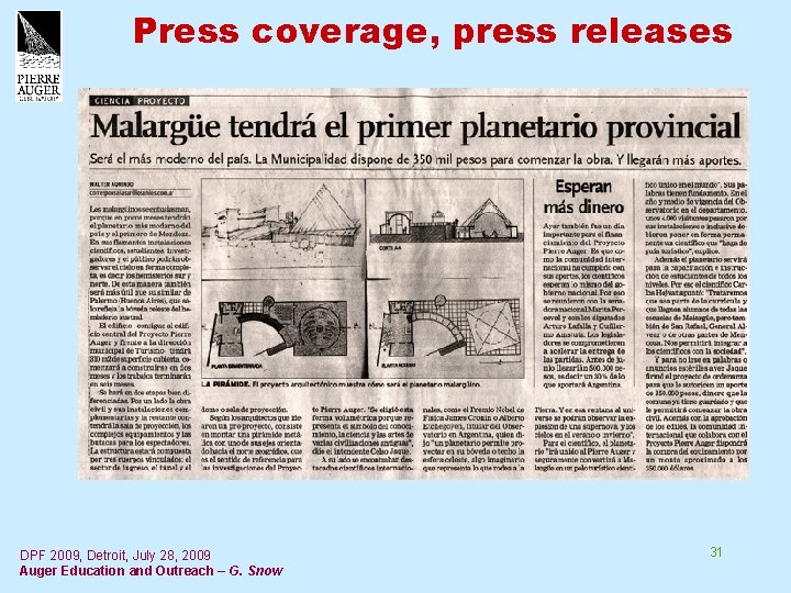 Press coverage, press releases DPF 2009, Detroit, July 28, 2009 Auger Education and Outreach