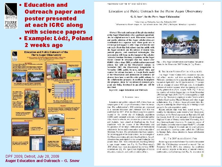  • Education and Outreach paper and poster presented at each ICRC along with