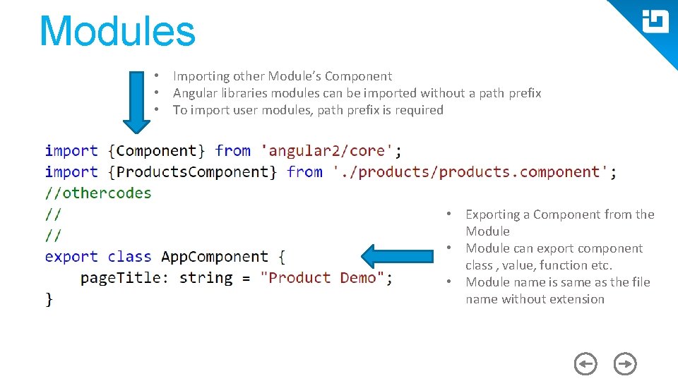 Modules • Importing other Module’s Component • Angular libraries modules can be imported without