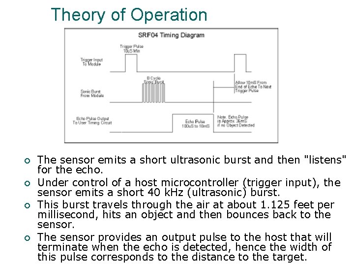 Theory of Operation ¡ ¡ The sensor emits a short ultrasonic burst and then