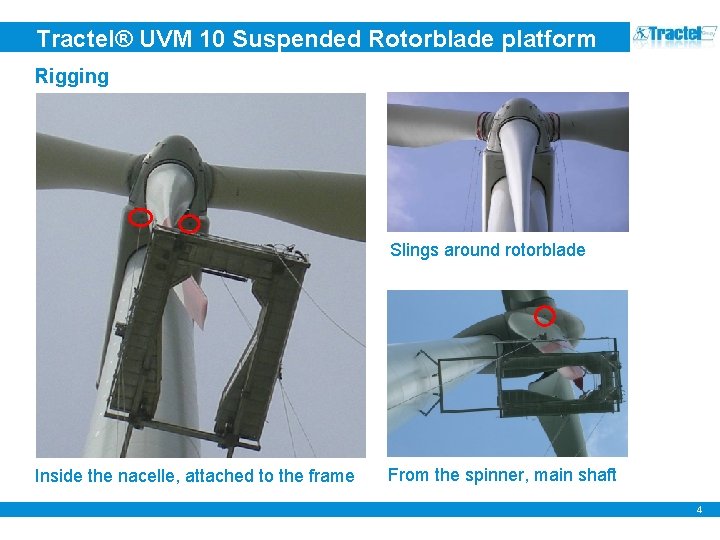 Tractel® UVM 10 Suspended Rotorblade platform Rigging Slings around rotorblade Inside the nacelle, attached