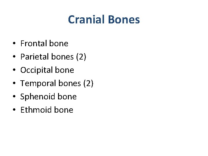 Cranial Bones • • • Frontal bone Parietal bones (2) Occipital bone Temporal bones