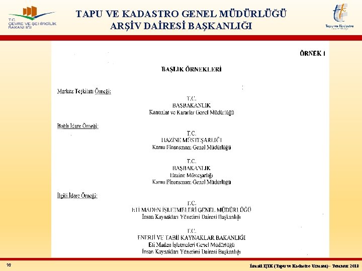 TAPU VE KADASTRO GENEL MÜDÜRLÜĞÜ ARŞİV DAİRESİ BAŞKANLIĞI 16 İsmail IŞIK (Tapu ve Kadastro