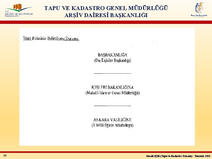 TAPU VE KADASTRO GENEL MÜDÜRLÜĞÜ ARŞİV DAİRESİ BAŞKANLIĞI 25 İsmail IŞIK (Tapu ve Kadastro