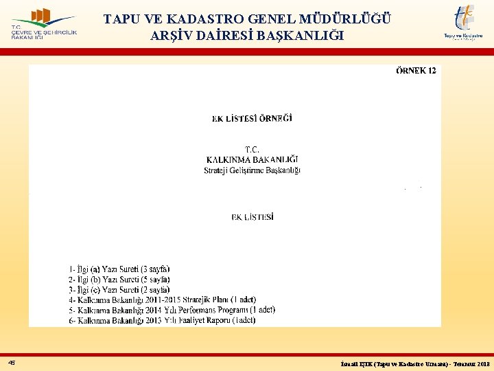 TAPU VE KADASTRO GENEL MÜDÜRLÜĞÜ ARŞİV DAİRESİ BAŞKANLIĞI 45 İsmail IŞIK (Tapu ve Kadastro