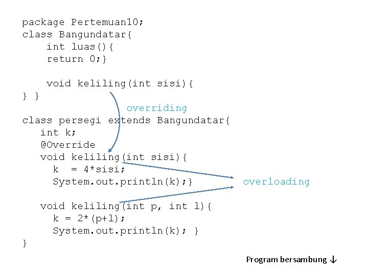 package Pertemuan 10; class Bangundatar{ int luas(){ return 0; } void keliling(int sisi){ }