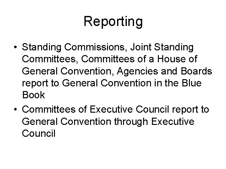 Reporting • Standing Commissions, Joint Standing Committees, Committees of a House of General Convention,